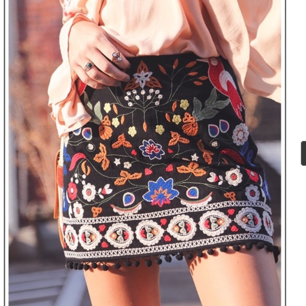 Trendy Embroidered Black Mini Skirt with Pom Poms!
